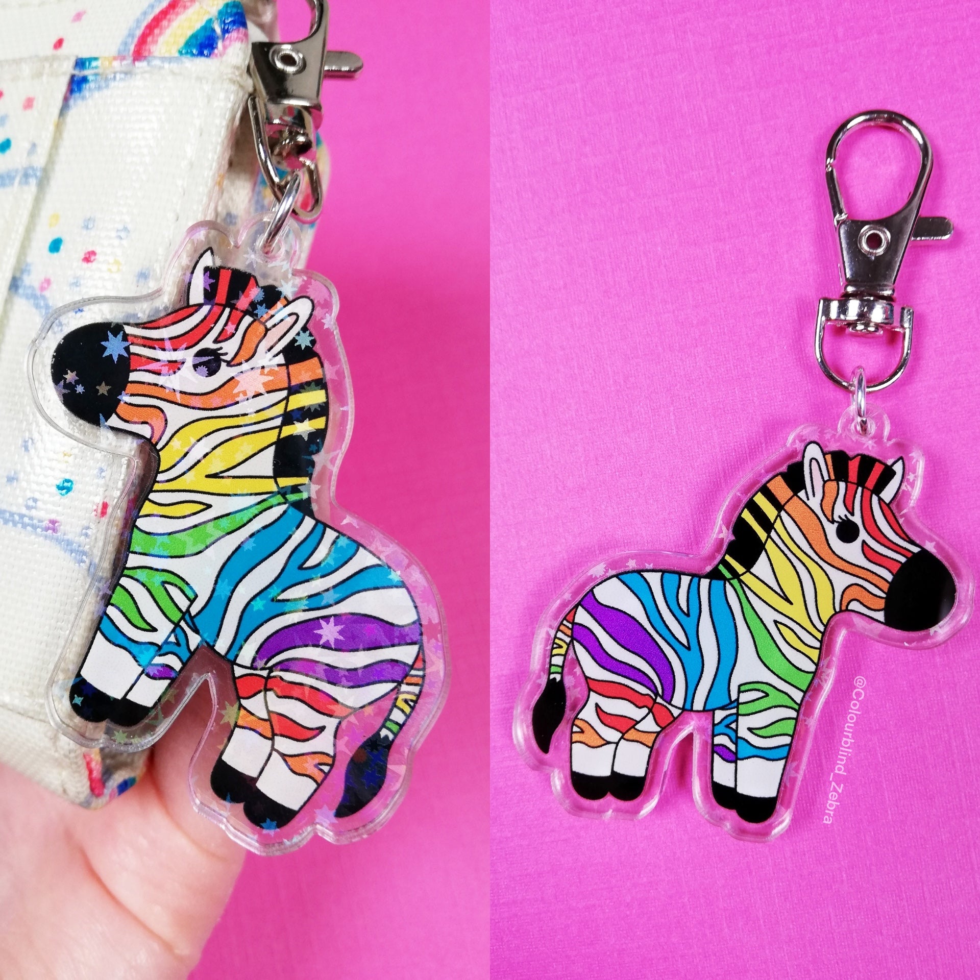 A collage of two photos. The first photo shows the front of the keyring with holographic stars and the printed zebra. The back of the keyring has the printed zebra on it too.