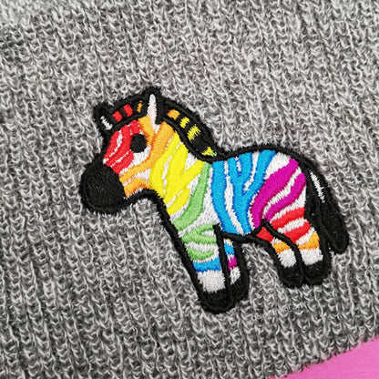 Rainbow Zebra Embroidered Beanie