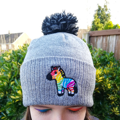 Rainbow Zebra Embroidered Beanie